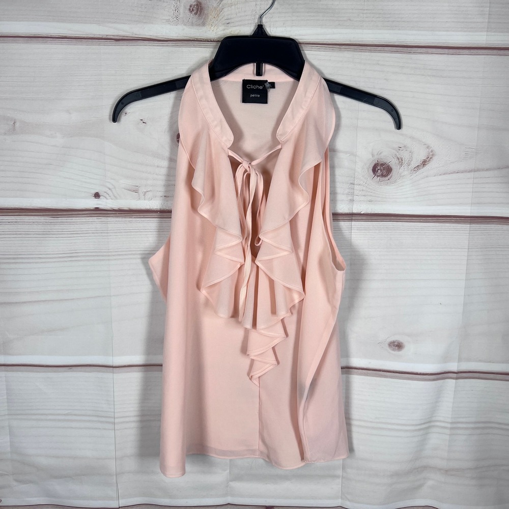 Cliche Top Women PL Pink Ruffle Sleeveless Blouse Chiffon V-Neck Tie Front Solid